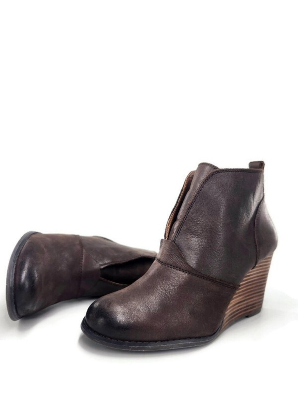 Lucky Brand Yinan Brown Burnished Leather Pull-On Stacked Wedge Ankle Booties